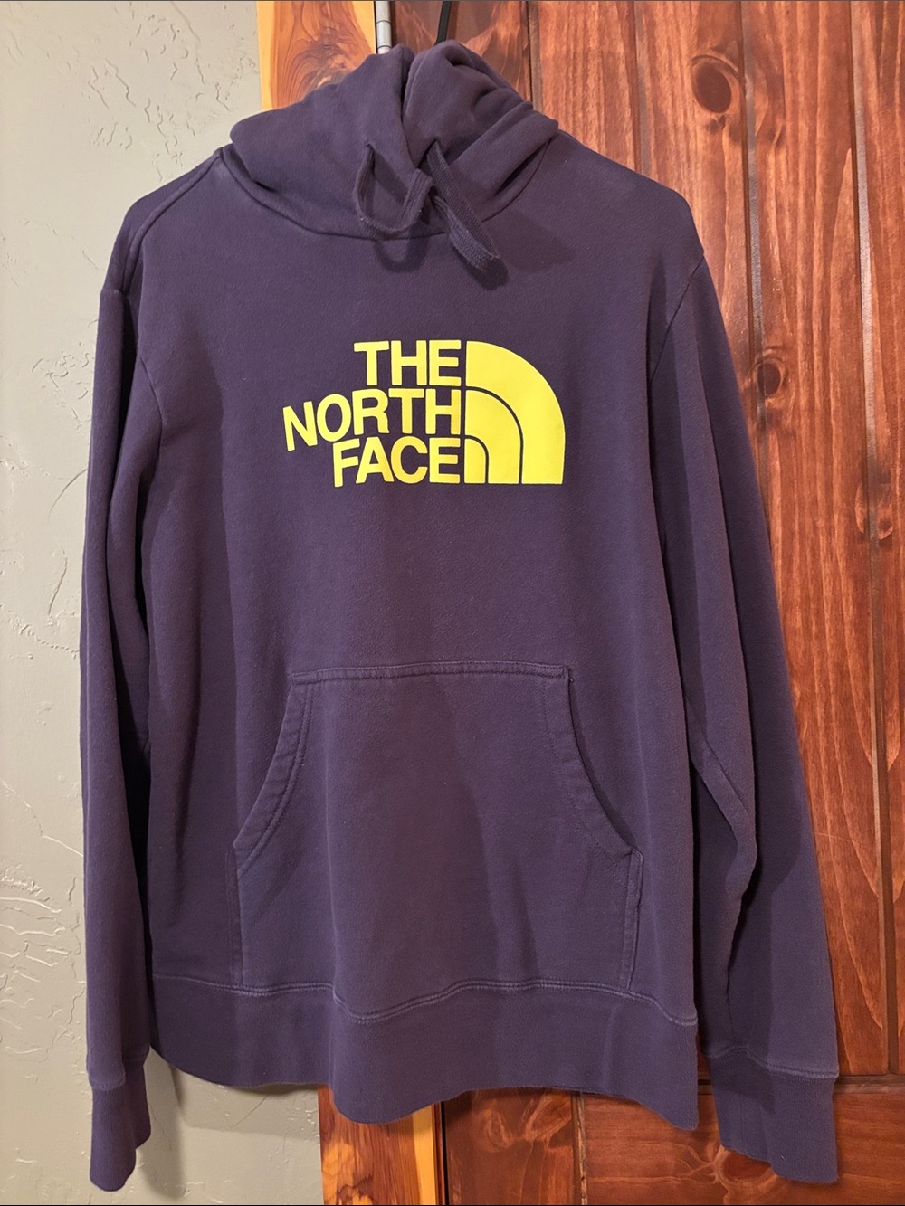 The North Face Men's Dark Purple Crewneck Hoodie with Yellow Logo
